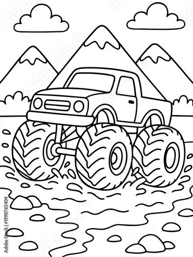 Monster Truck Adventure: A bold black and white illustration of a monster truck, conquering the rugged terrain of a mountain landscape.
