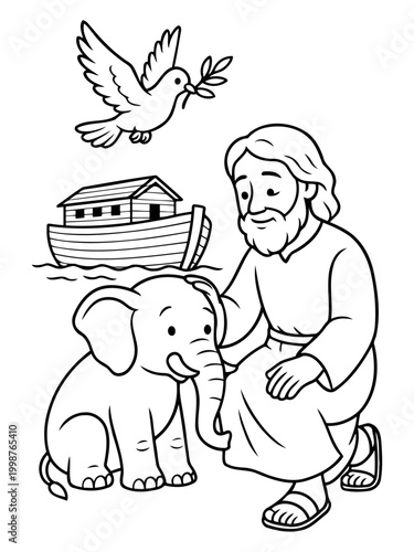 Noah's Ark Illustration: A heartwarming illustration depicts Noah gently interacting with an elephant, a dove carrying an olive branch soaring above, and the ark symbolizing resilience and sanctuary.