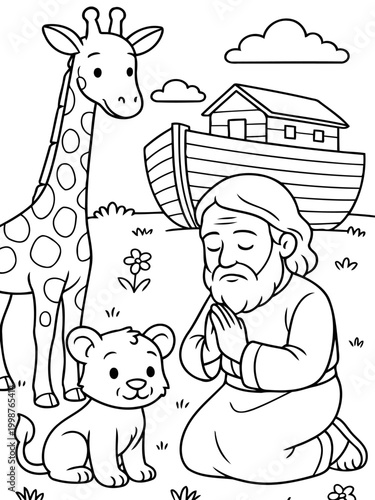 Noah's Ark and the Animal Kingdom: A depiction of the biblical tale of Noah, featuring the Ark, diverse animal, and Noah himself, set against the backdrop of a new beginning.