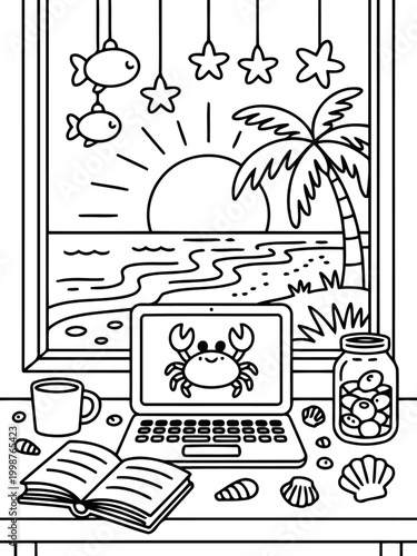 Beachside Dreamscape: A captivating illustration portrays a laptop with crab and the beach, starfish and fish with a captivating sun. a scene of leisure, work, and the embrace of the seaside.