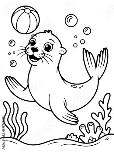 Playful Seal's Underwater Delight: A cheerful seal is captured in an underwater setting, playfully tossing a ball, embodying joy. This illustration captures the innocence and charm of marine life.