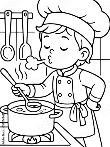 Little Chef's Culinary Creation: A young chef, full of passion, savors the aromatic steam of a simmering dish, as they orchestrate a culinary masterpiece in the heart of the kitchen.