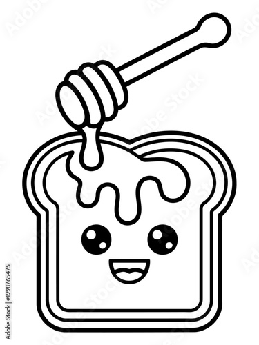 Sweet Toast with Honey: a delightful illustration featuring a smiling toast slice as honey drizzled by a honey dipper. Evokes a sense of cuteness and sweetness