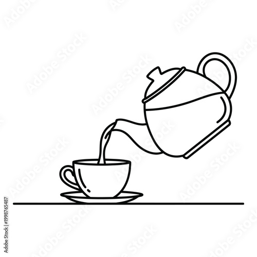 Minimalist line art illustration of a teapot pouring hot liquid into a delicate teacup sitting on a saucer with a simple horizontal line representing a surface