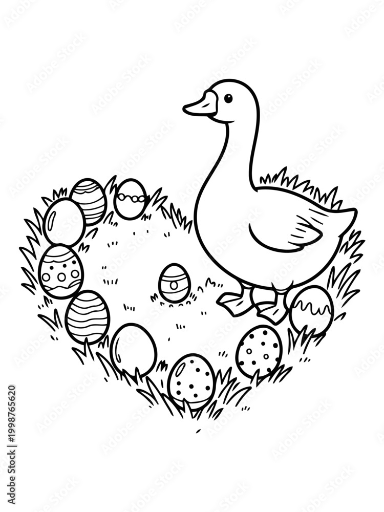 Fototapeta premium Easter Duck and Eggs Illustration: An adorable duck stands beside a collection of decorated eggs in a grassy nest, evoking the spirit of spring and festive celebration. 