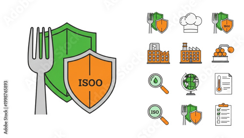 ISO 22000 Food Safety Management Vector Icon Set, Green and Orange Fork and Shield Symbols for HACCP Compliance, Quality Control, and Hygiene Standards