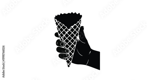 Hand holds a waffle cone filled with frozen dessert representing a classic summer treat experience.