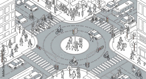 Isometric illustration of a busy city roundabout with cars and pedestrians.