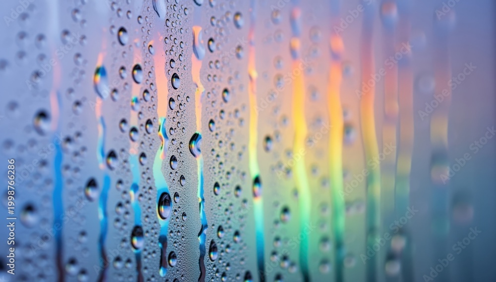 Obraz premium Rainbow Rain: Delicate water droplets cling to a pane of glass, creating a mesmerizing pattern, with a vibrant rainbow of colors dancing through the background, evoking a sense of calm and beauty.