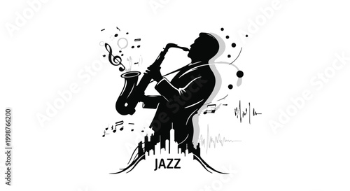 Saxophonist plays smooth jazz music in this stylized silhouette graphic featuring a modern cityscape.