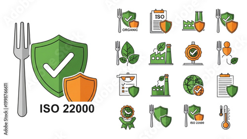ISO 22000 Food Safety Management Vector Icon Set, Green and Orange Fork and Shield Symbols for HACCP Compliance, Quality Control, and Hygiene Standards