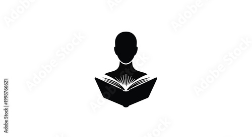 Silhouette of a person's head and shoulders emerging from an open book, representing knowledge.