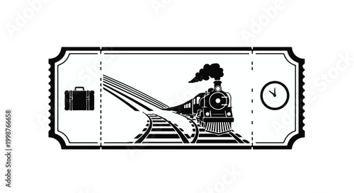 Train ticket graphic shows a steam locomotive, tracks, suitcase, and clock face with motion.