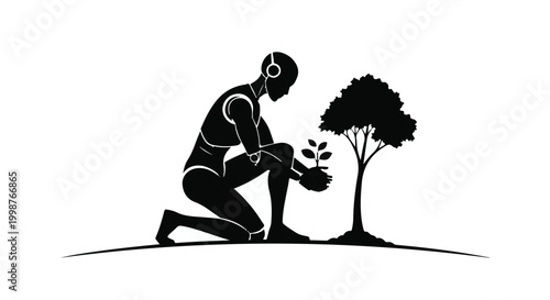 Robot kneels on the ground while carefully planting a small growing tree in the soil outside.