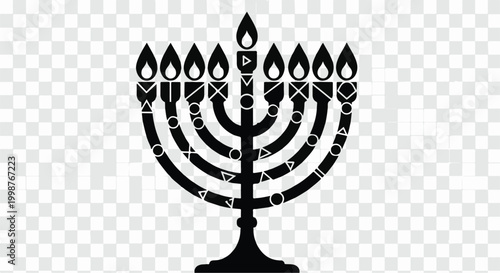 Illuminated menorah with nine candles burning brightly during a Jewish celebration.