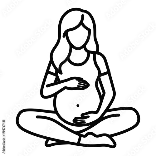 Stylized outline illustration of a pregnant woman sitting crosslegged with hands resting on her abdomen indicating motherhood anticipation and comfort
