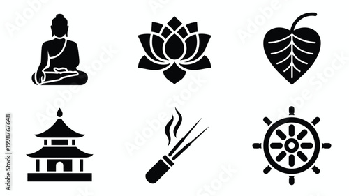 Minimalist icons featuring buddha lotus heart leaf temple incense and wheel symbols in black on white background