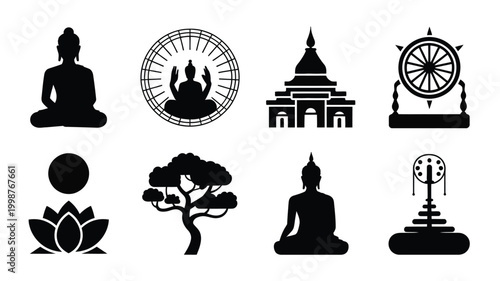 Buddha purnima icon set in black silhouette on white background for religious and cultural designs