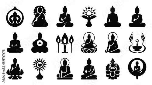 Collection of modern buddha icons and symbols representing enlightenment meditation and spirituality ideal for religious and cultural projects featuring diverse poses and stylized