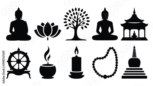 Buddha purnima silhouette icons set with buddhist symbols and meditation elements on white background