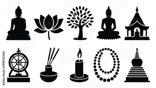 Collection of black silhouettes representing buddhist concepts and symbols including buddha statues lotus flower bodhi tree stupa dharma wheel incense sticks candle and prayer