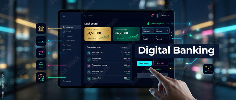 Fototapeta premium Finger interacts with digital banking dashboard on tablet screen with city background
