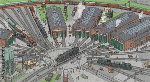 Aerial View of a Busy Train Yard with Many Tracks and Buildings.