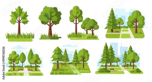 Collection of Various Green Trees in a Flat Design Style.