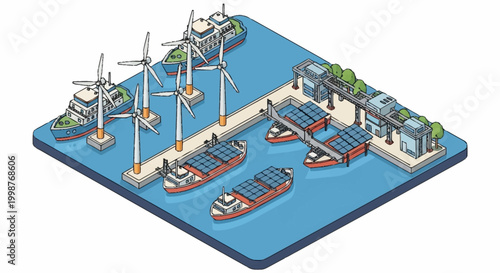 Isometric view of a modern port with renewable energy sources like wind turbines and solar panels, alongside cargo ships and buildings.