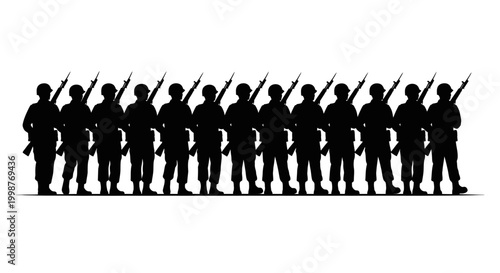 Tableau sur toile Silhouette of soldiers standing in formation with rifles.