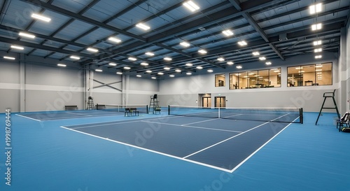 Indoor tennis court with blue floor and overhead lighting