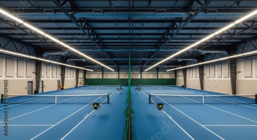 Indoor tennis court with blue surface and nets under bright lighting