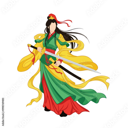 Canvastavla Ancient Chinese Warrior Woman with Sword, Traditional Green Yellow Robe, Elegant
