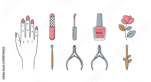 Foto Manicure and nail care line art icons for beauty salon treatment