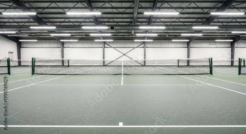 Indoor tennis court with net lines and overhead lighting