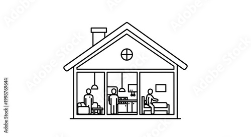 House interior illustration people interacting within simplified line art