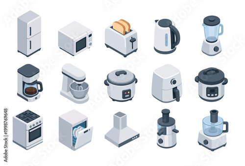 Collection of Isometric Kitchen Appliances Icons in White and Gray.