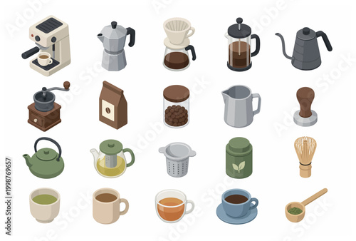 Isometric Illustration of Coffee and Tea Brewing Tools and Utensils Collection.
