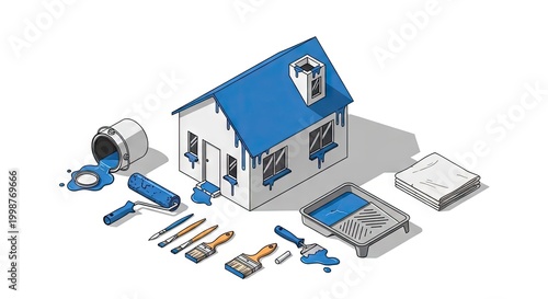 Isometric house painting illustration with tools and blue color elements