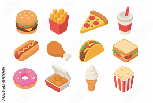 Colorful 3D Cartoon Icons of Fast Food Items Like Burgers Pizza and Ice Cream.