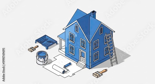 Isometric illustration of a house being painted with tools vector art