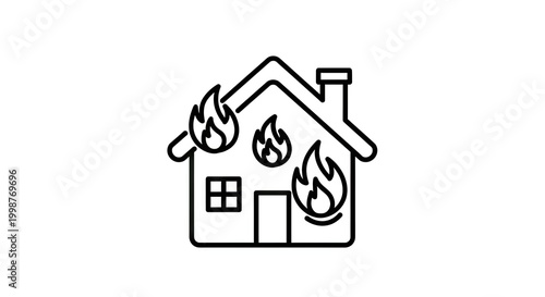 House on fire illustration black outline on white background for safety concept
