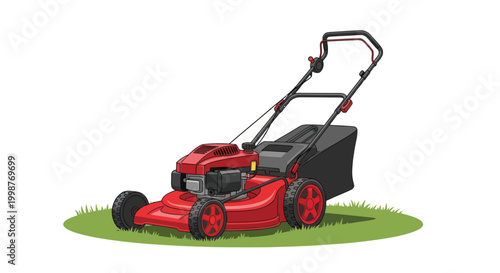 Obraz na plátně Red push lawn mower on a patch of green grass.