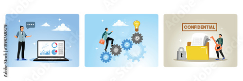 Businessman presents financial data, develops a strategy, stores files in a document folder.