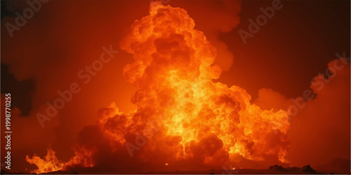 A dark forest fire burning under a red sunset sky creates an abstract cloudscape of orange flames and hot smoke against the deep blue light of heaven