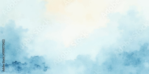 A beautiful abstract watercolor background depicts a bright blue summer sky filled with fluffy white cumulus clouds and radiant sunlight for a peaceful nature cloudscape
