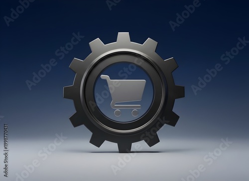 Dark gear with shopping cart symbol inside. Represents e-commerce, retail industry, mechanical operations, online business processes. Suitable for tech concepts, commercial, E-commerce and Business 
