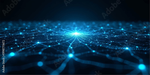 An abstract blue digital technology background featuring a glowing network of binary code and lines that create a science-inspired energy explosion across a cosmic globe design