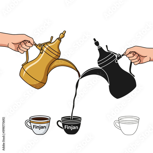 Hands holding traditional Arabic coffee pots pouring coffee into cups  Finjan Middle Eastern culture and hospitality concept