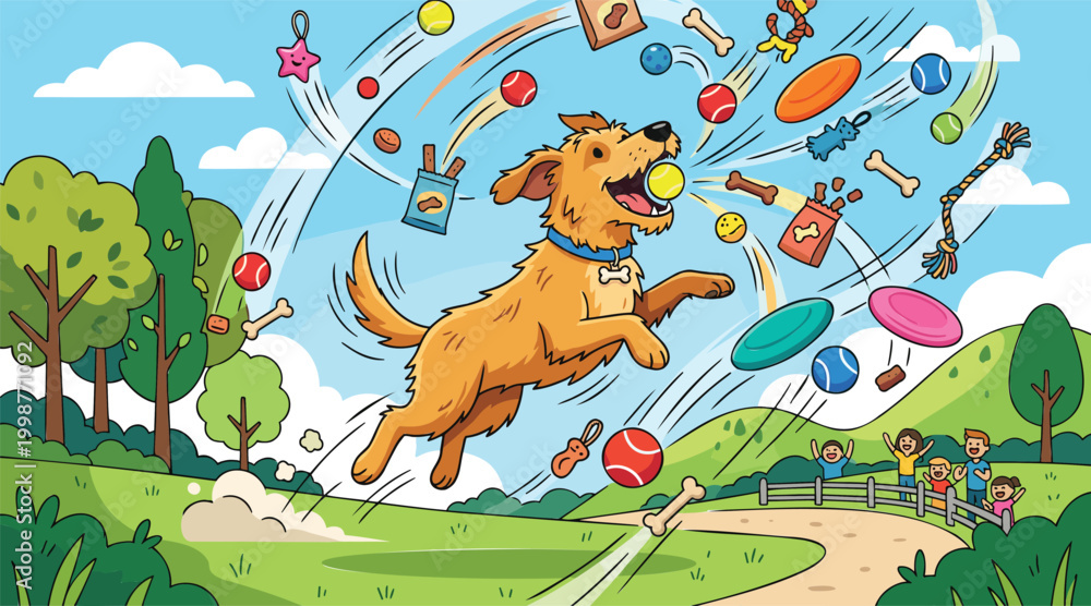 Obraz premium Happy golden retriever playing with various toys in a vibrant park setting, surrounded by flying objects and excited people